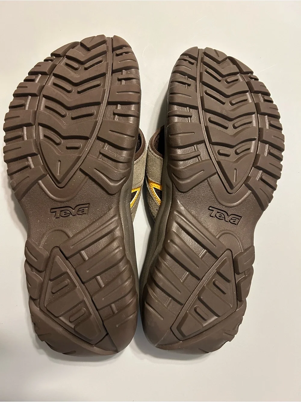 Teva Men’s Brown and Tan Suede Flip-Flops with Yellow Logo
